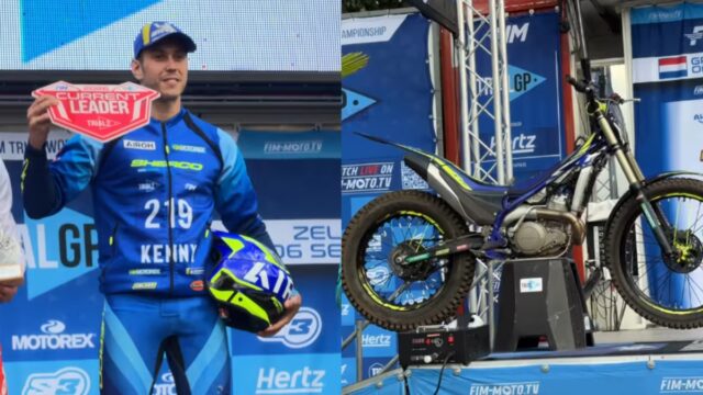 Imatges del pilot Arnau Farré i la moto amb la que es va convertir en guanyador als Països Baixos (TrialGP, via xarxes socials)